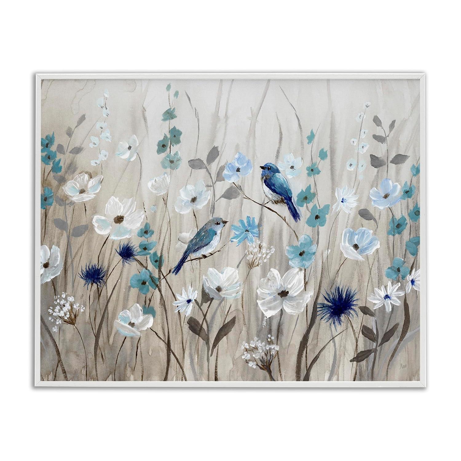 Stupell Birds in Meadow Blue Blossoms White Framed Giclee, 11 x 14