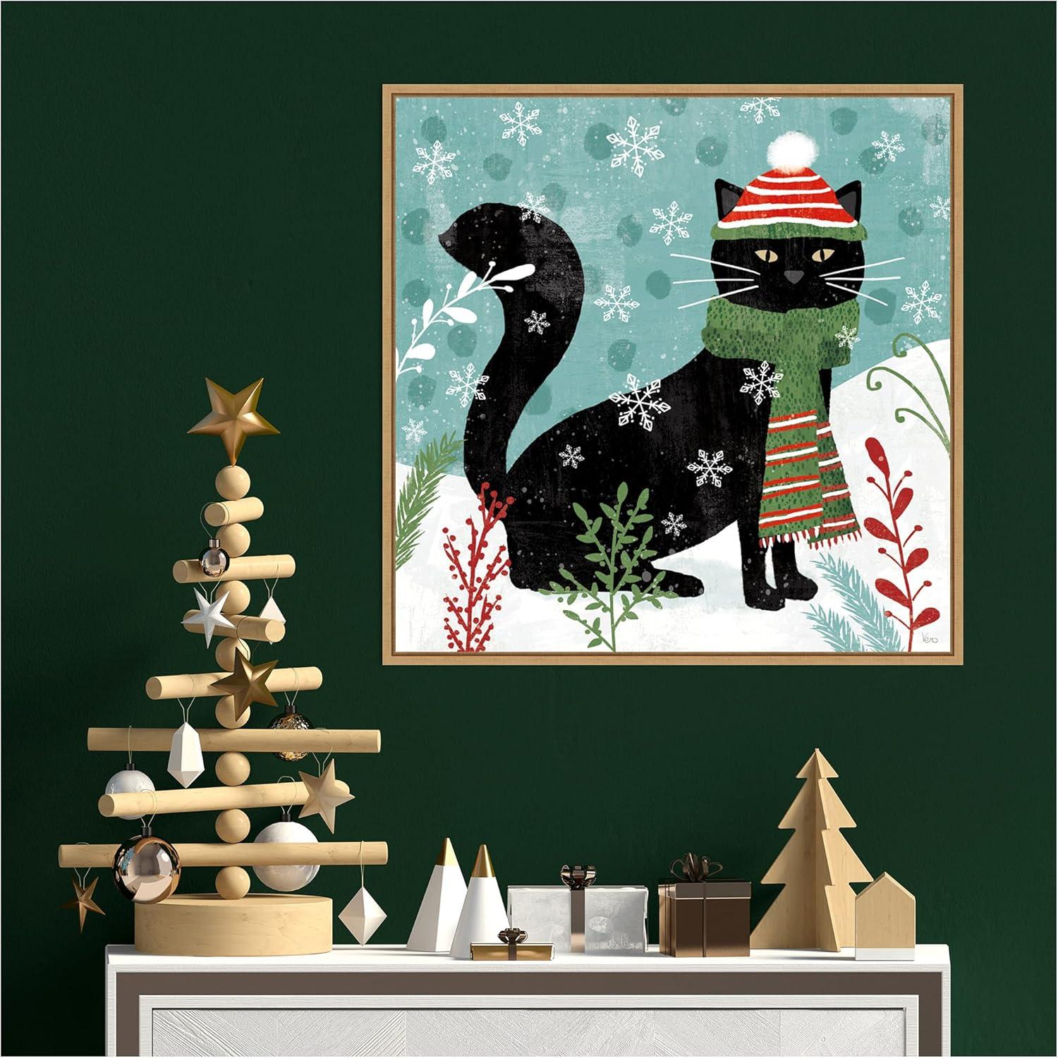 Purrfect Holiday Black Cat Framed Canvas Print, 22" x 22"