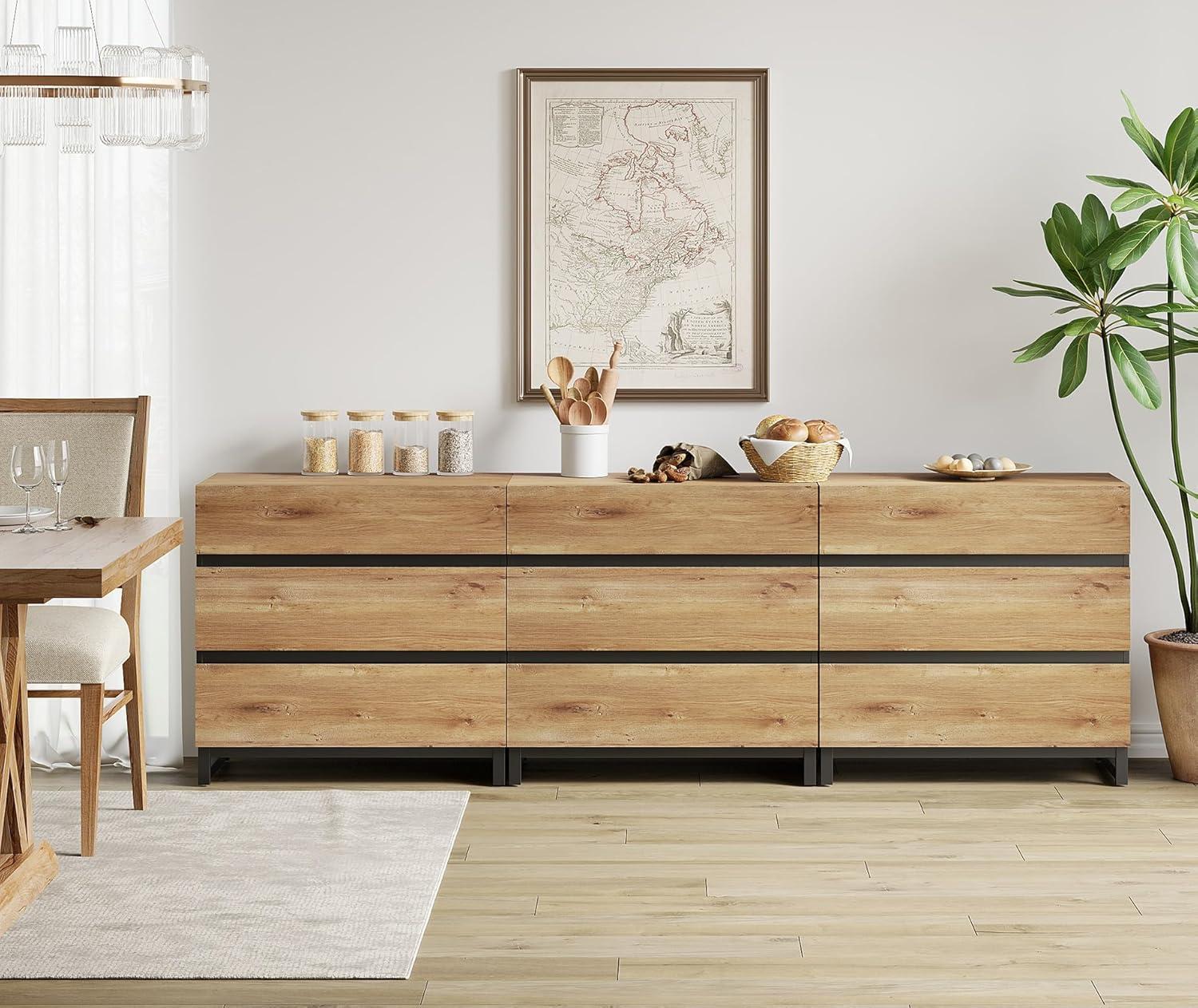 WAMPAT Dresser for Bedroom, Closet Organizers and Storage with 9 Drawers, Chest of Drawers with Metal Base, Wooden Modern Dresser for Living Room, Bedroom, Entryway, Oak