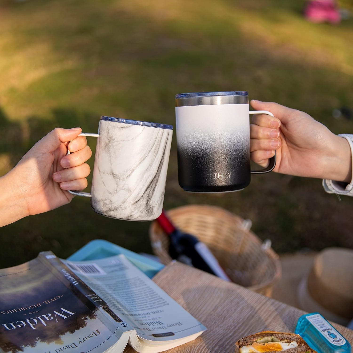 Vacuum Insulated Travel 12 oz Coffee Mug with Handle, THILY Stainless Steel Cup with Spill-Proof Lid, Keep Coffee Cold, Great for Camping, White Marble