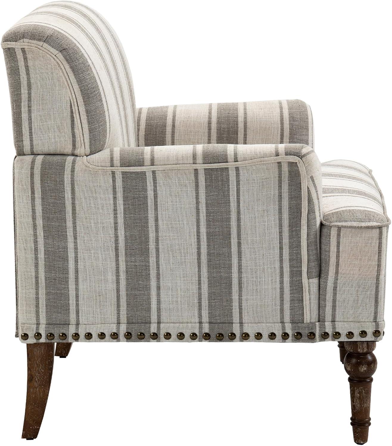 Gray Striped Barrel Accent Chair with Nailhead Trim