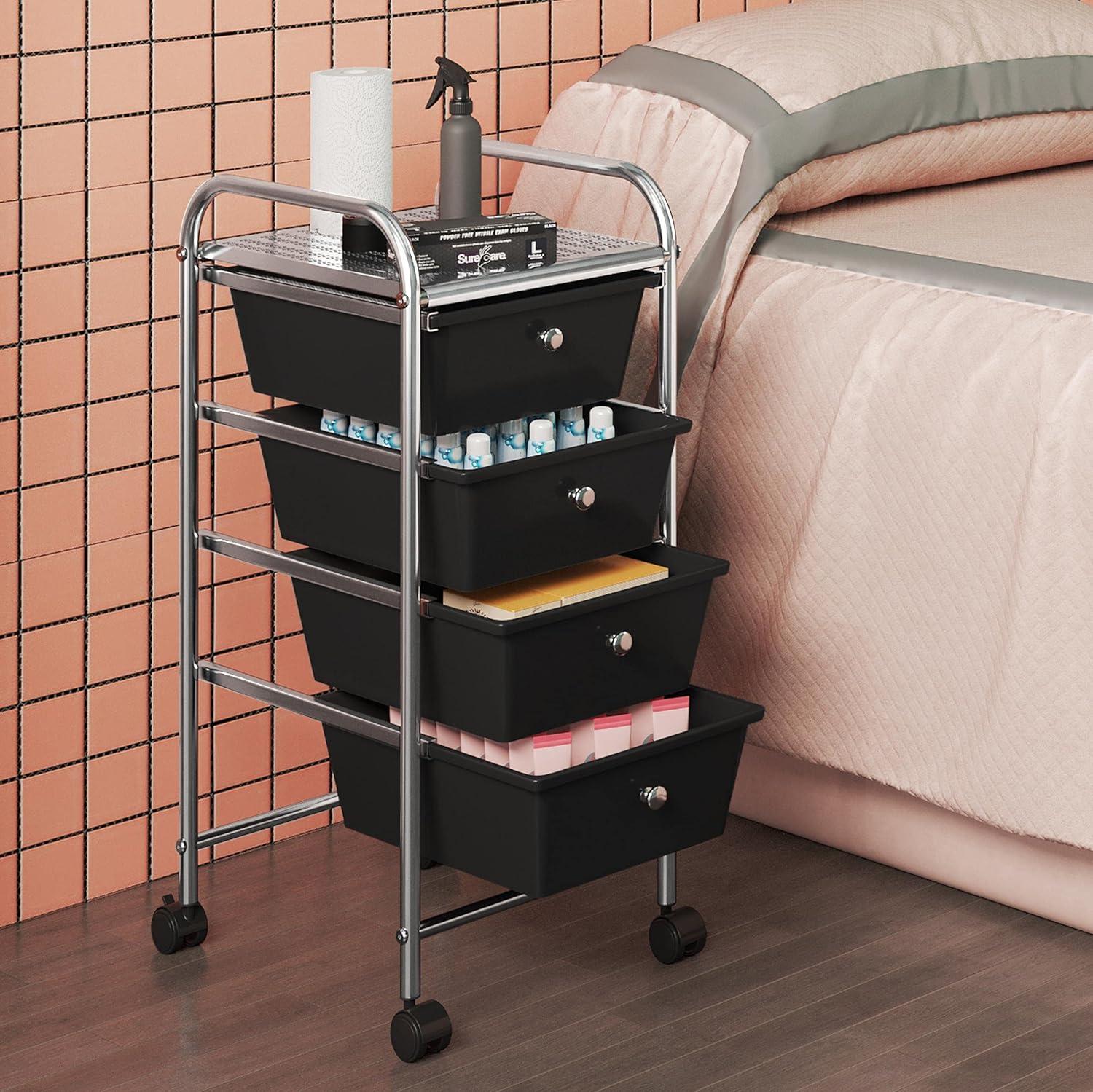 Yaheetech 4 Drawers Rolling Storage Cart Metal Frame Plastic Drawers for Office Home Study,Black