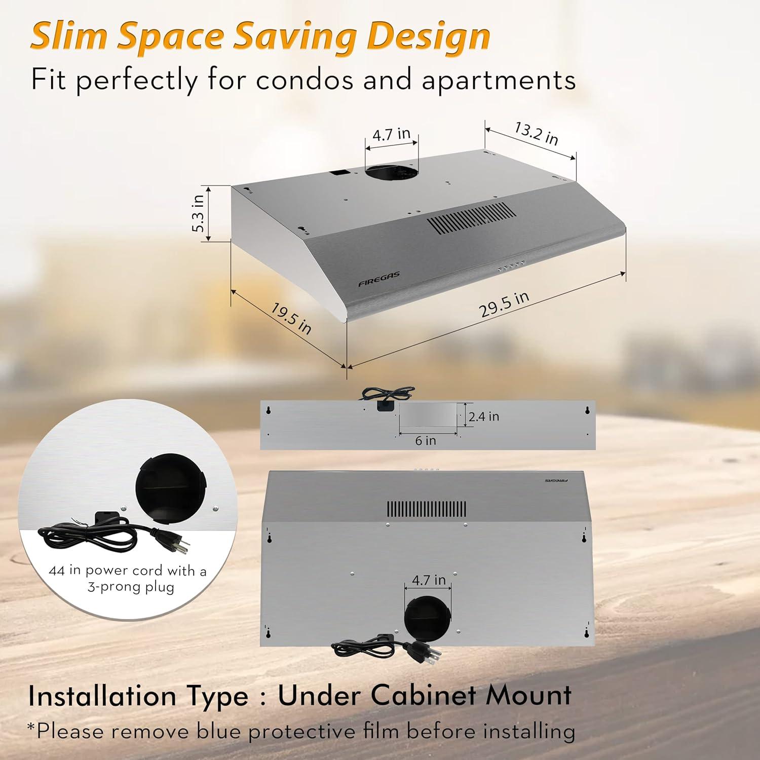 FIREGAS 36 inch Under Cabinet Range Hood 300CFM with Ducted/Ductless Convertible, Slim Kitchen Over Stove Vent, 3 Speed Exhaust Fan, Reusable Aluminum Filters, Push Button, Black