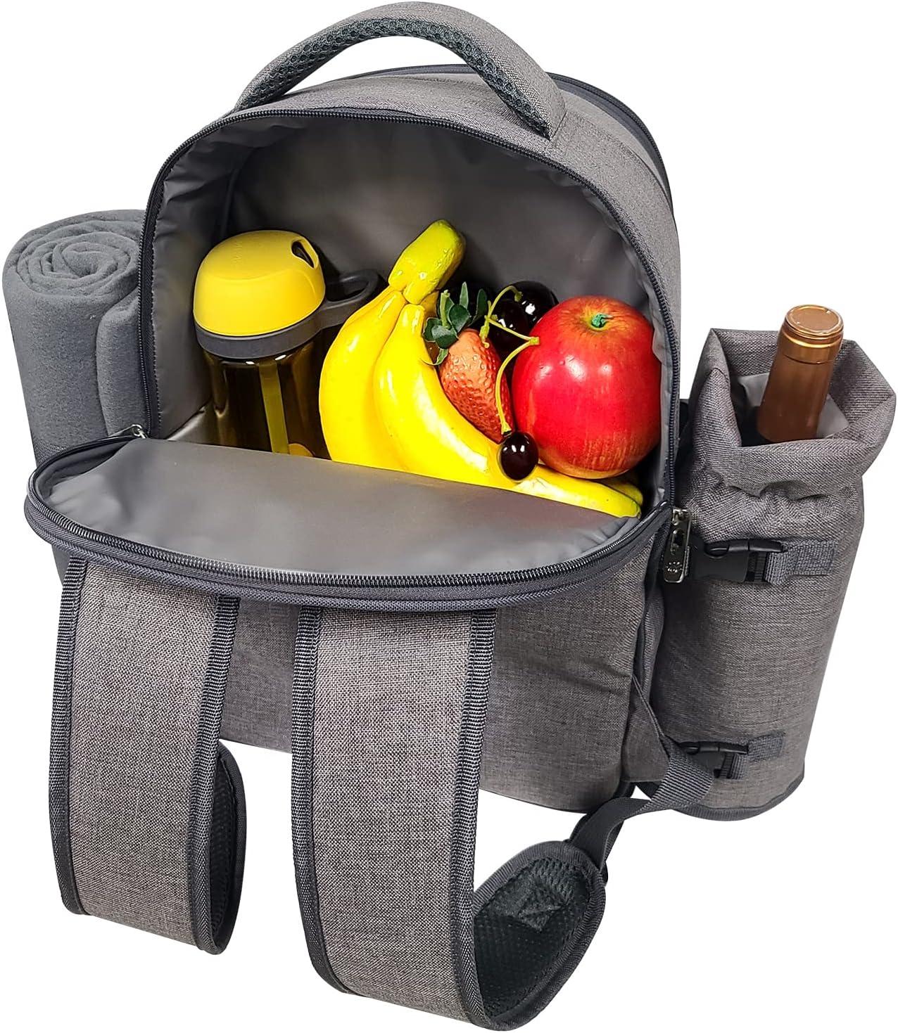 Gray Nylon Picnic Backpack with Blanket and Wine Holder