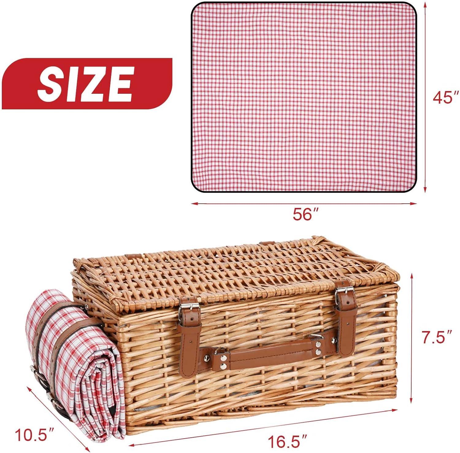 Red Checkered Wicker Picnic Basket with Insulated Compartment