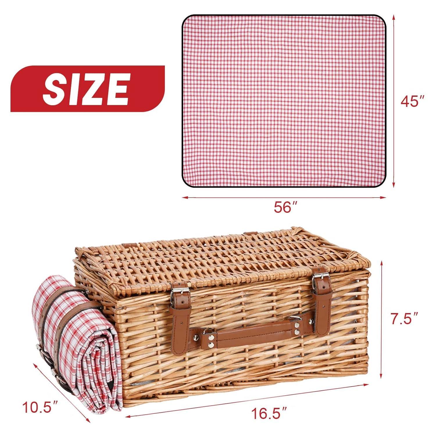 Wicker Picnic Basket Set for 2 Persons with Waterproof Picnic Blanket and Large Insulated Cooler Compartment, Willow Picnic Hamper Basket with Cutlery Service Kits for Camping, Wedding (Red)
