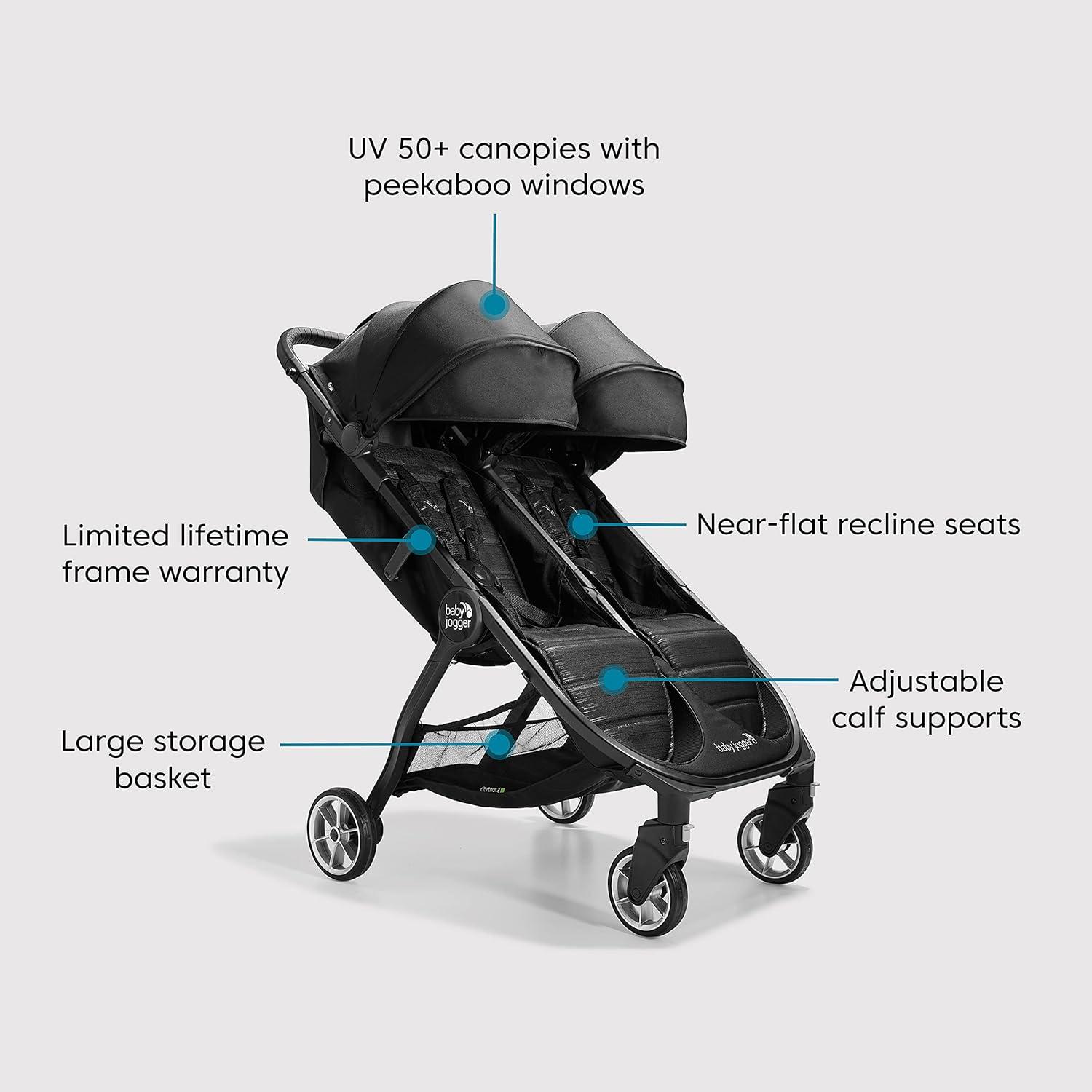 Jet Black Double Stroller with UV Protection Canopies