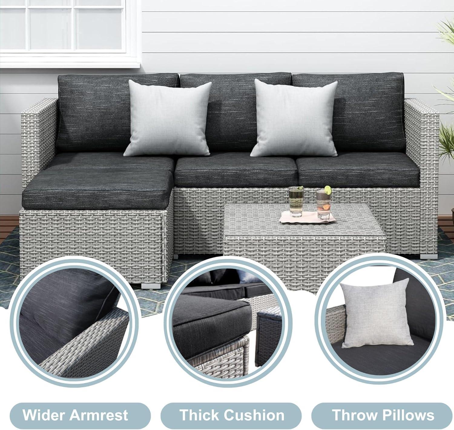SUNTONE Patio Conversation Sofa Set - 3 Piece All Weather Wicker Outdoor Furniture Set, Gray Rattan & Black Cushions