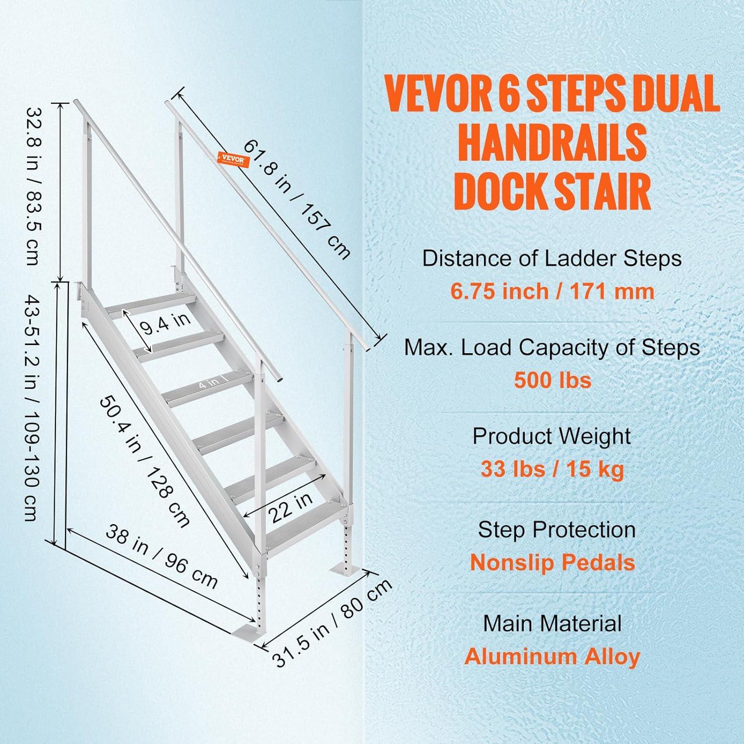 VEVOR Dock Stairs 4 Steps, 500lbs Load Pool Steps, Adjustable Height Aluminum Dock Ladders, Pontoon Boat Ladder with Handrails & Widen Nonslip Pedals for Lake/Pool/Marine Boarding/RV/House