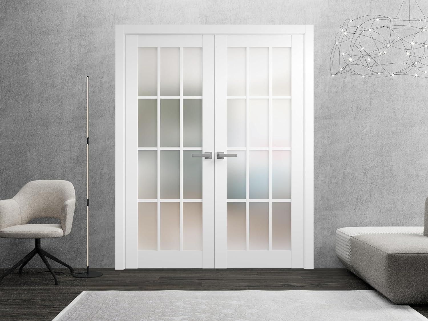 Matte White Frosted Glass French Double Doors with Solid Pine Frame