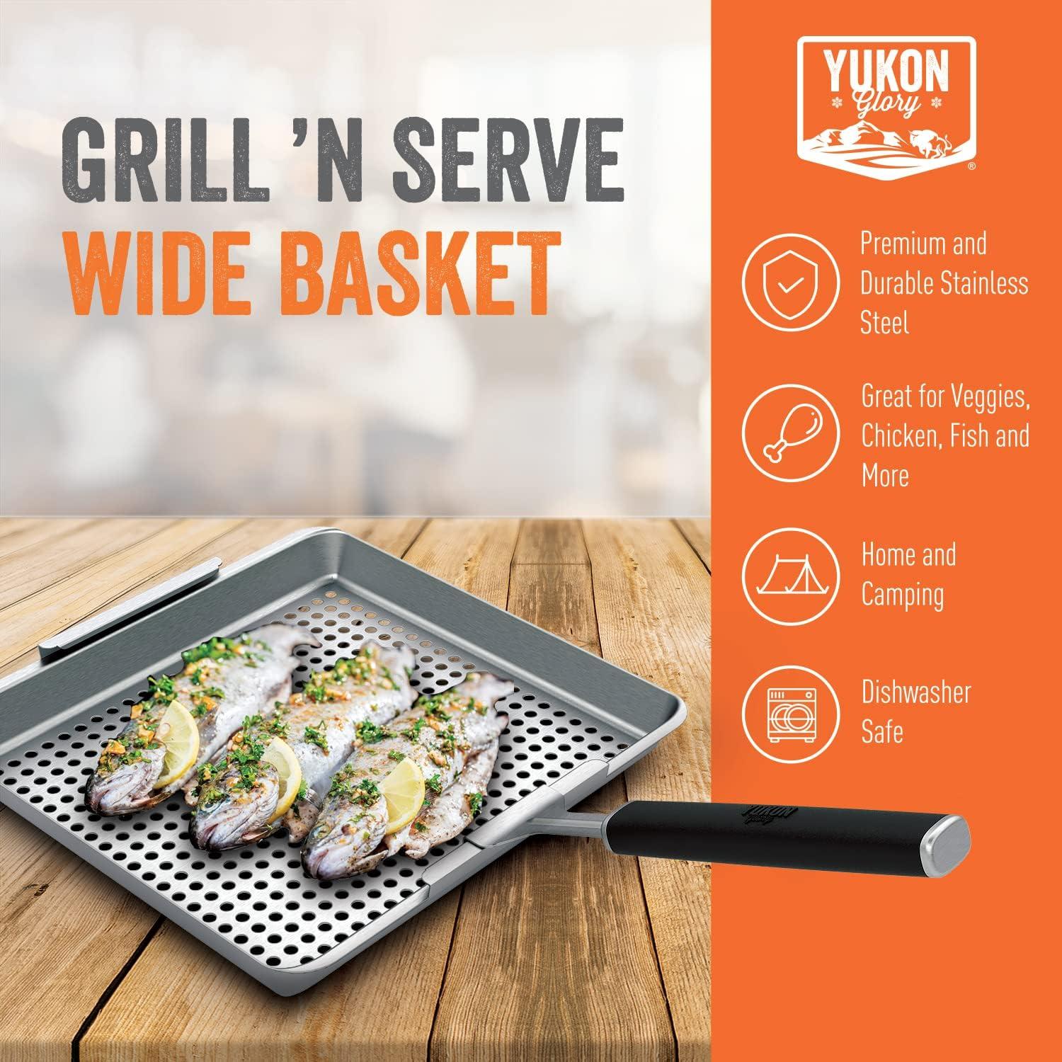 Yukon Glory Wide Grill Basket Set With Clip-On Handle, Perfect For Grilling Fish, Veggies and Meats