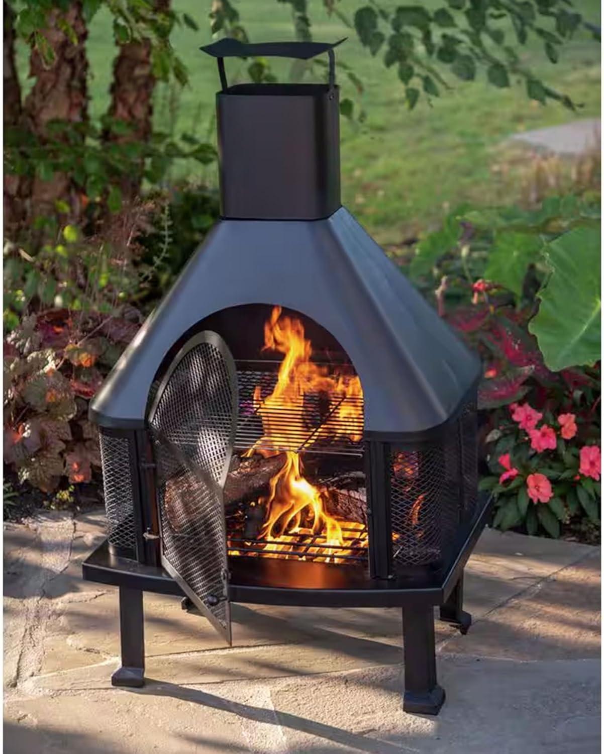 Joy by Endless Summer, Black Wood Burning Outdoor Firehouse with Chimney