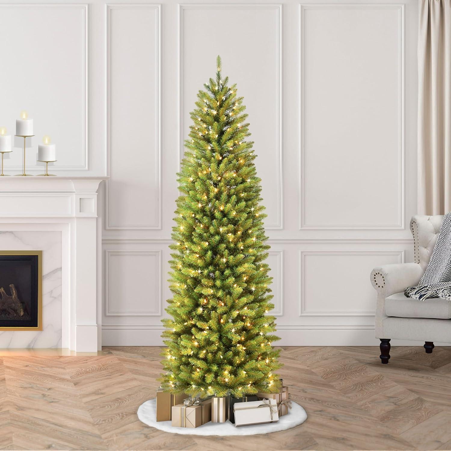 Puleo International 7.5' Pre-Lit Fraser Fir Pencil Tree Artificial Christmas Tree with 350 Clear UL Listed Lights