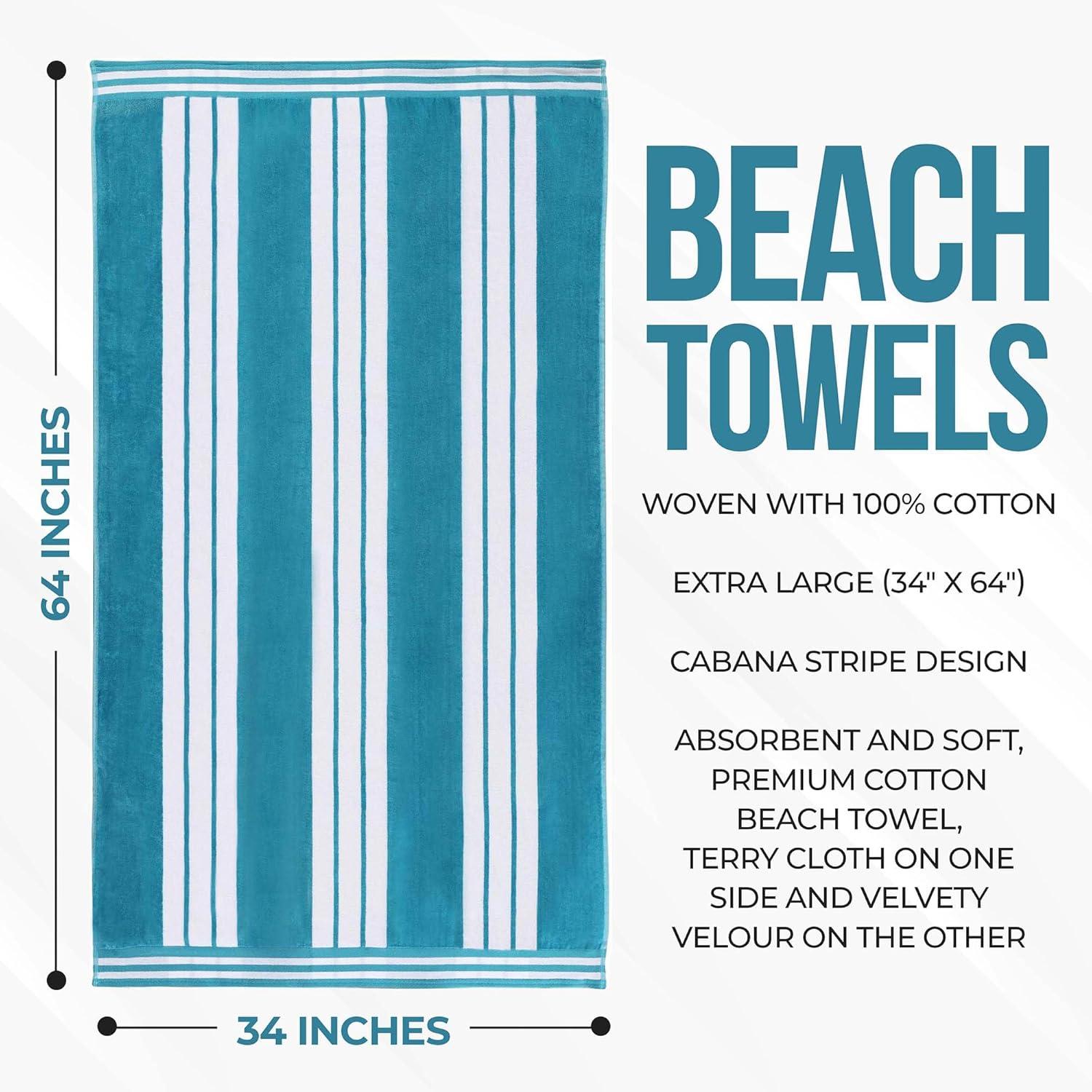 Superior Cotton Striped Oversized Beach Towel, 34" x 64", Turquoise