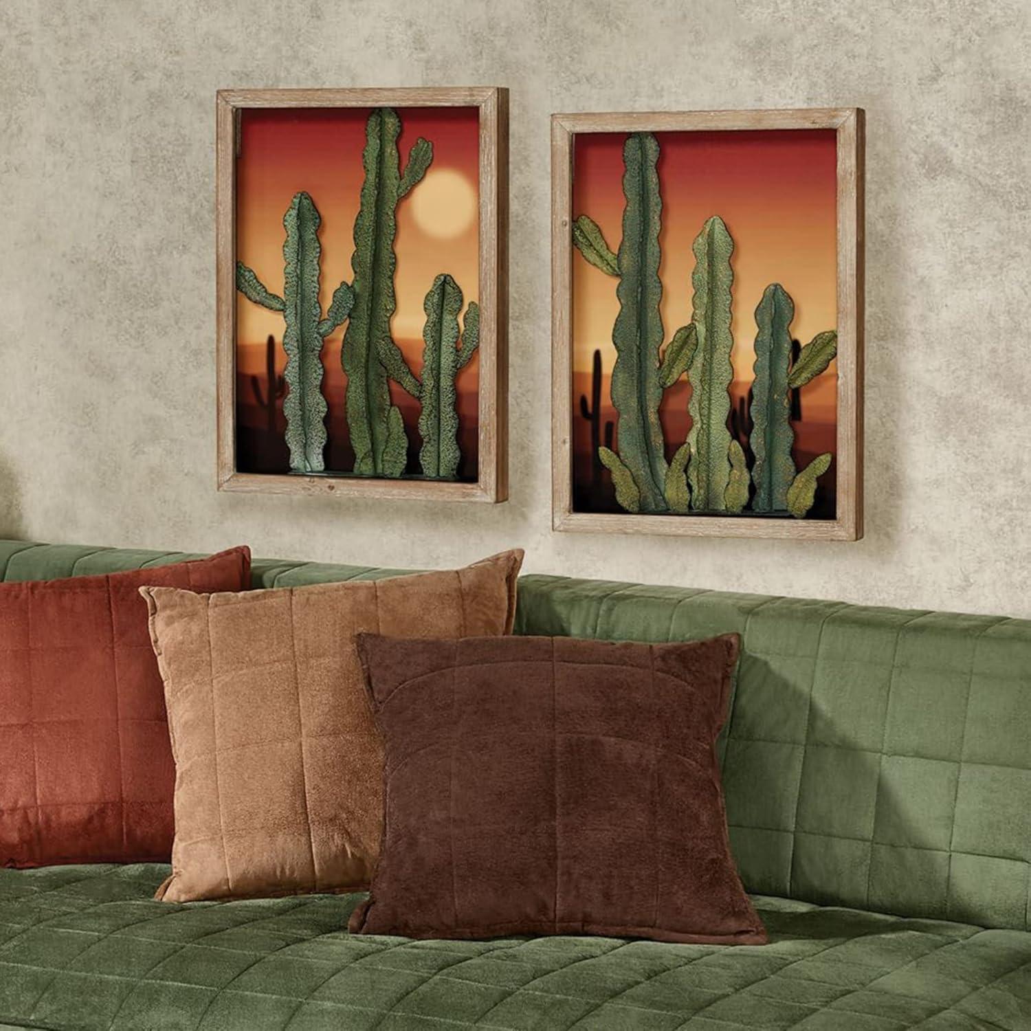 Desert at Sunset Southwest Cactus Wall Art Set of Two, 3D Metal Cacti in Front of Majestic Desert Print, Each Panel is 21 by 16 Inches, 2 Inch Depth Set of 2