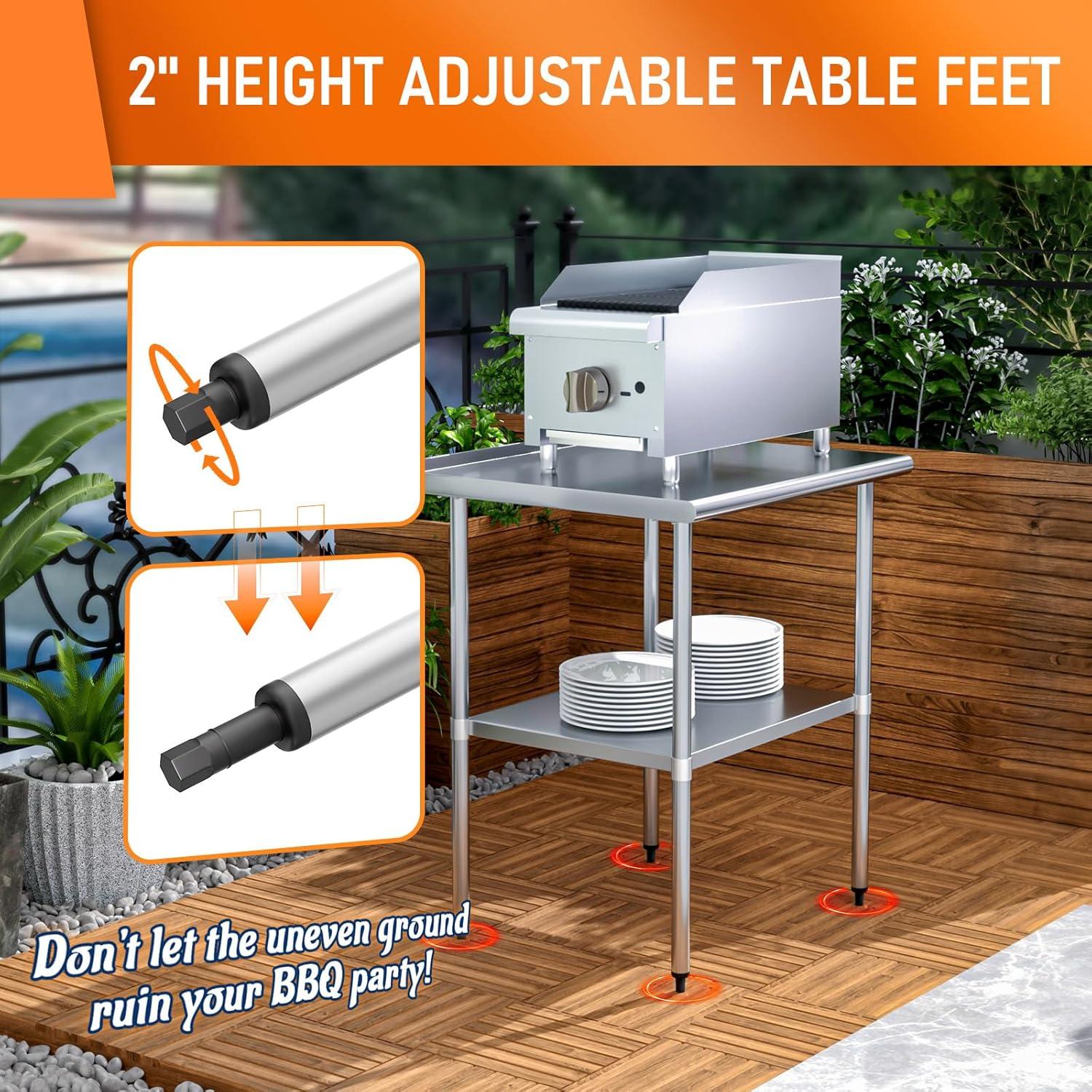 Stainless Steel Table 24" x 30" with Adjustable Undershelf and Backsplash, Commercial Metal Workstations for Kitchen, Garage, Outdoor BBQ