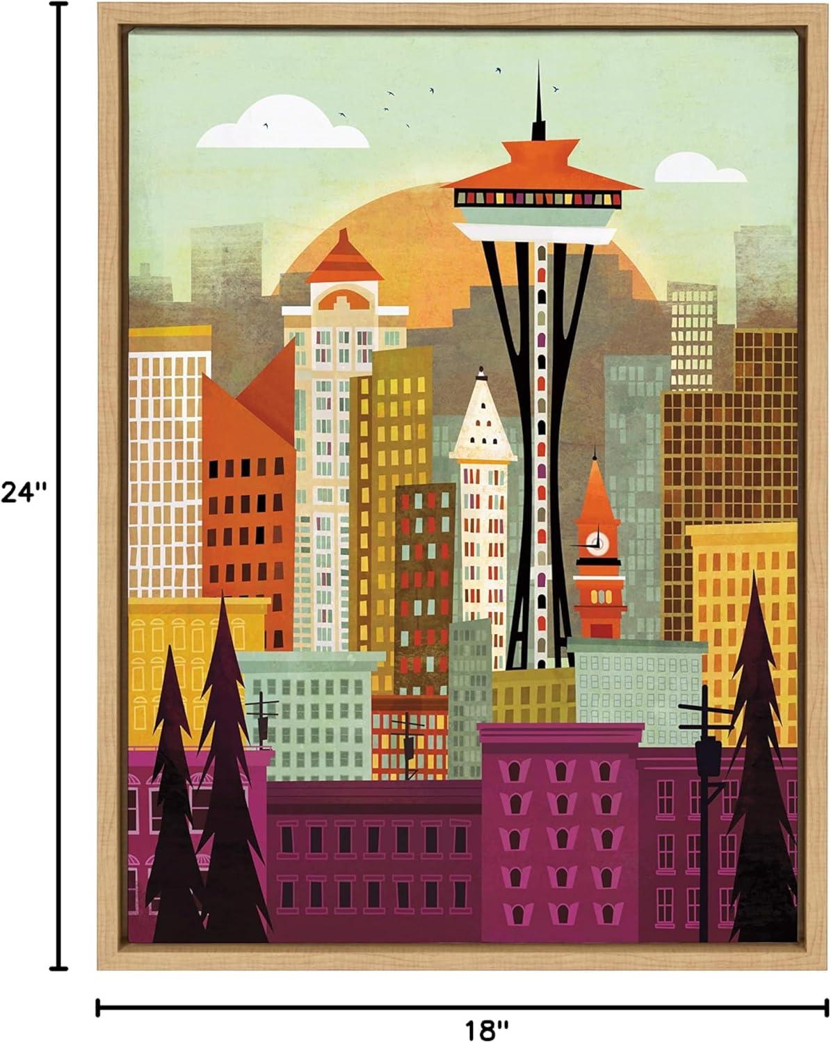 Kate and Laurel Sylvie Seattle Skyline Framed Canvas Wall Art by Amber Leaders Designs, 18x24 Natural, Fun Illustrated City Skyline Art for Wall
