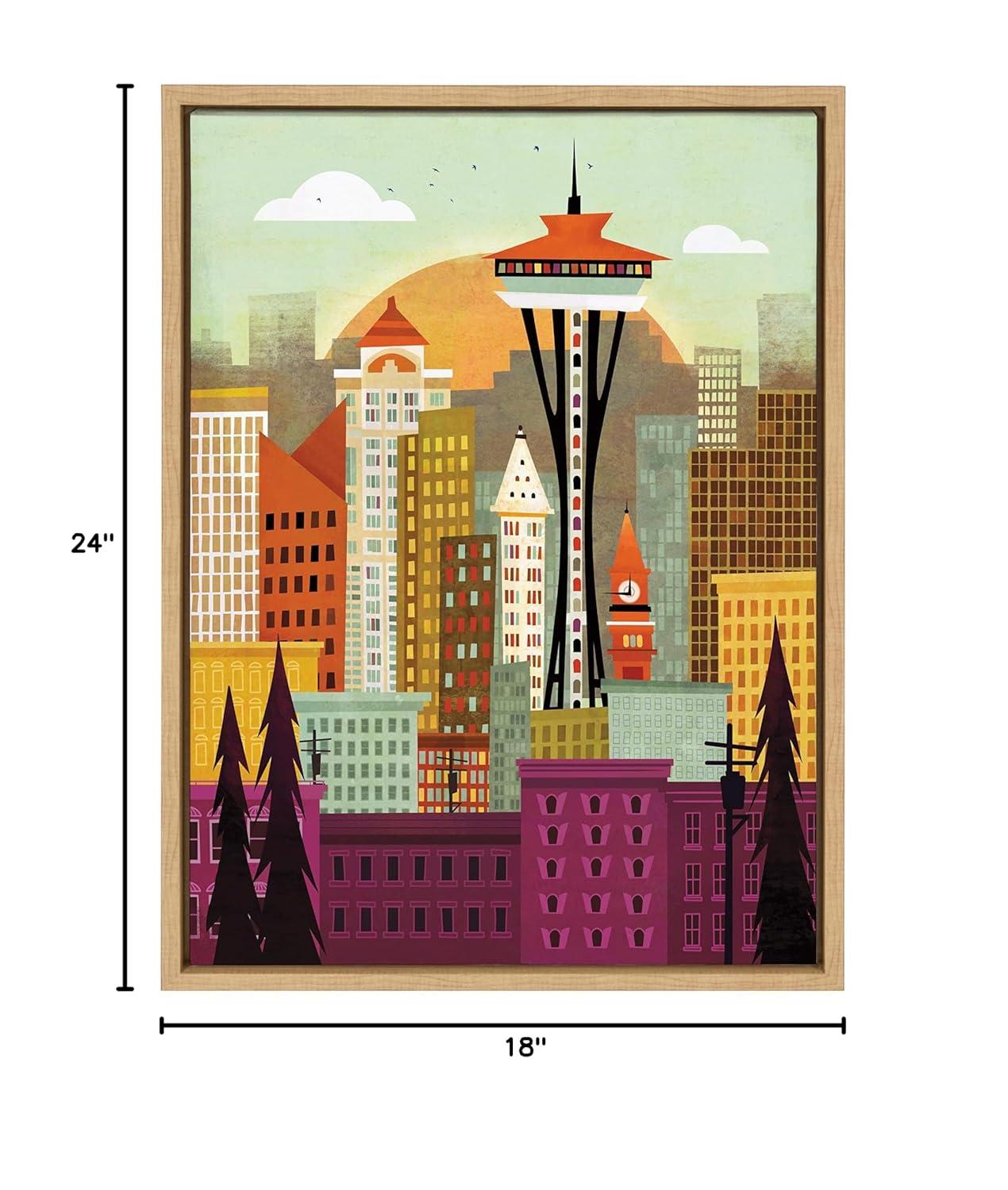 Kate and Laurel Sylvie Seattle Skyline Framed Canvas Wall Art by Amber Leaders Designs, 18x24 Natural, Fun Illustrated City Skyline Art for Wall