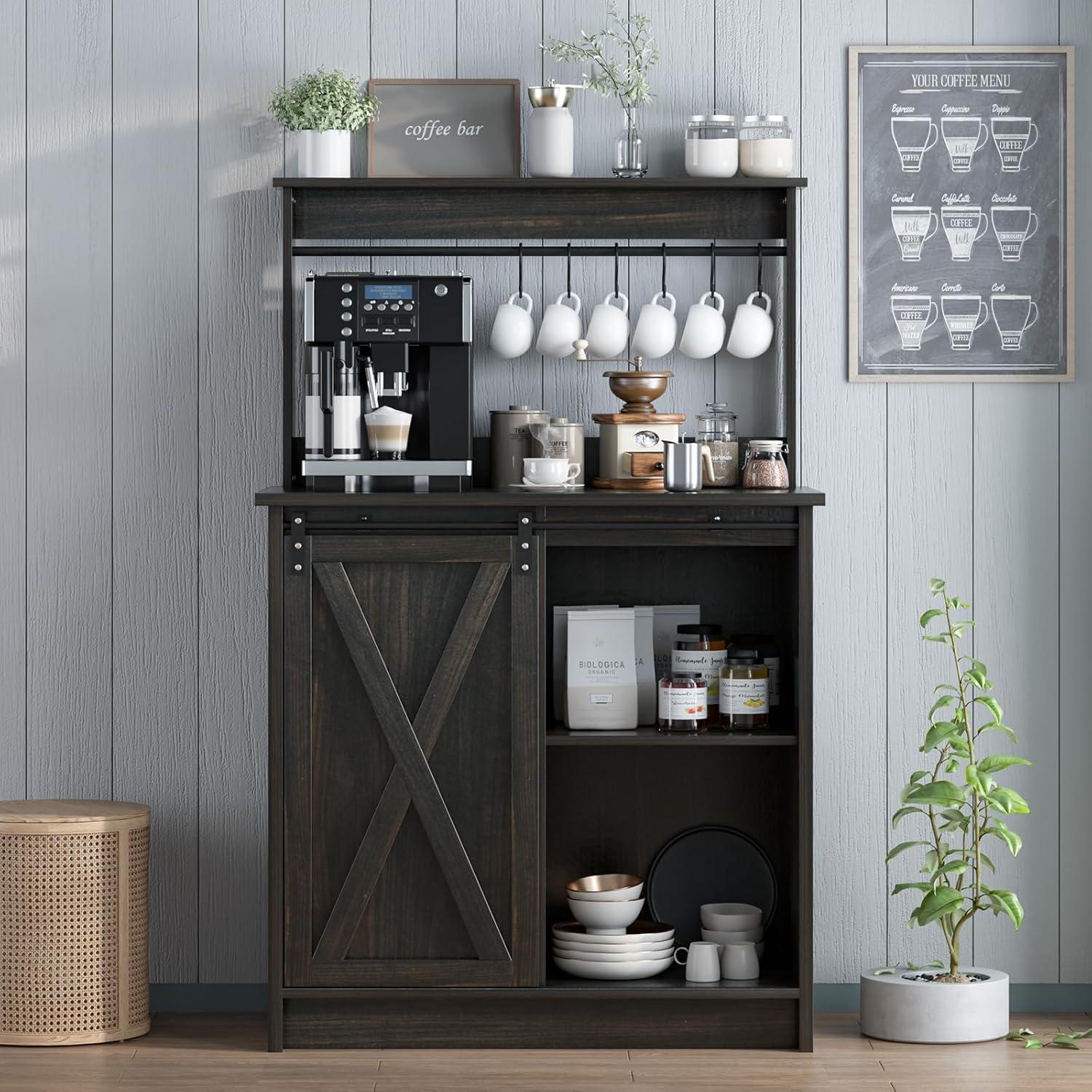 Dark Oak Farmhouse Coffee Bar Cabinet with Hutch and Sliding Barn Door