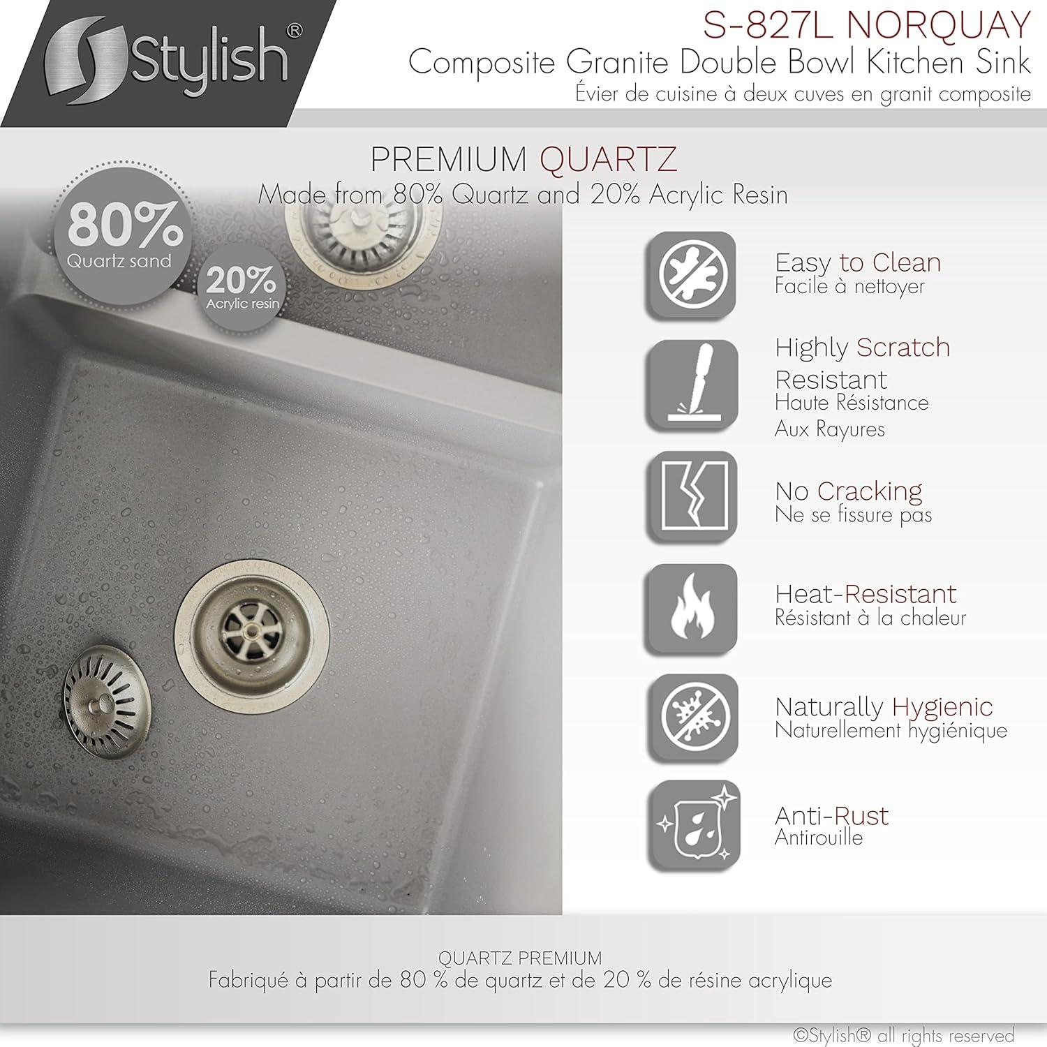 STYLISH S-827L Pietra STYLISH 27 inch Double Bowl 60/40 Dual Mount Composite Granite Kitchen Sink