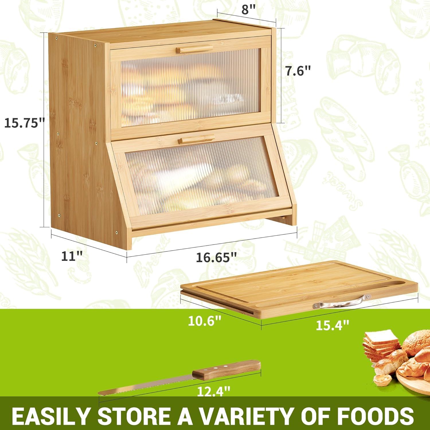 Prep & Savour Large Bread Box For Kitchen Counter, Bamboo Wooden Double Layer Large Capacity Bread Storage Bin With Acrylic Wavy Door Panel (Natural + Cutting Board)