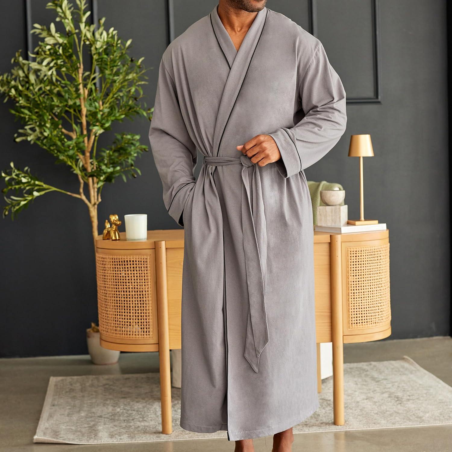 ADR Men's Robes, Mens Bathrobes Lightweight, Mens Robes with Pockets, Soft Cotton Knit Robe for Men Steel Gray Large