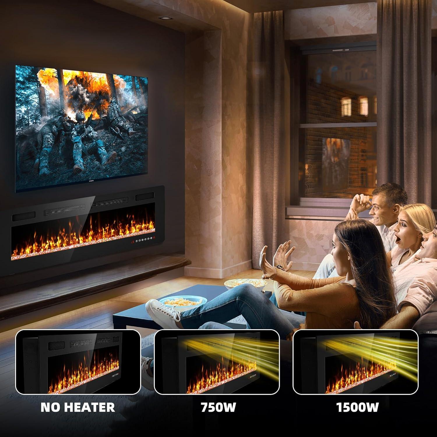 Ultra-Thin Black Glass Wall Mounted Electric Fireplace 50 Inch