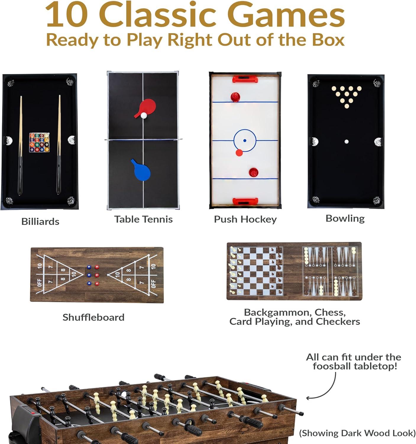 Sunnydaze Indoor Multi-Game Table with Billiards, Push Hockey, Foosball, Ping Pong, Bowling, and More - Classic Wood Stain