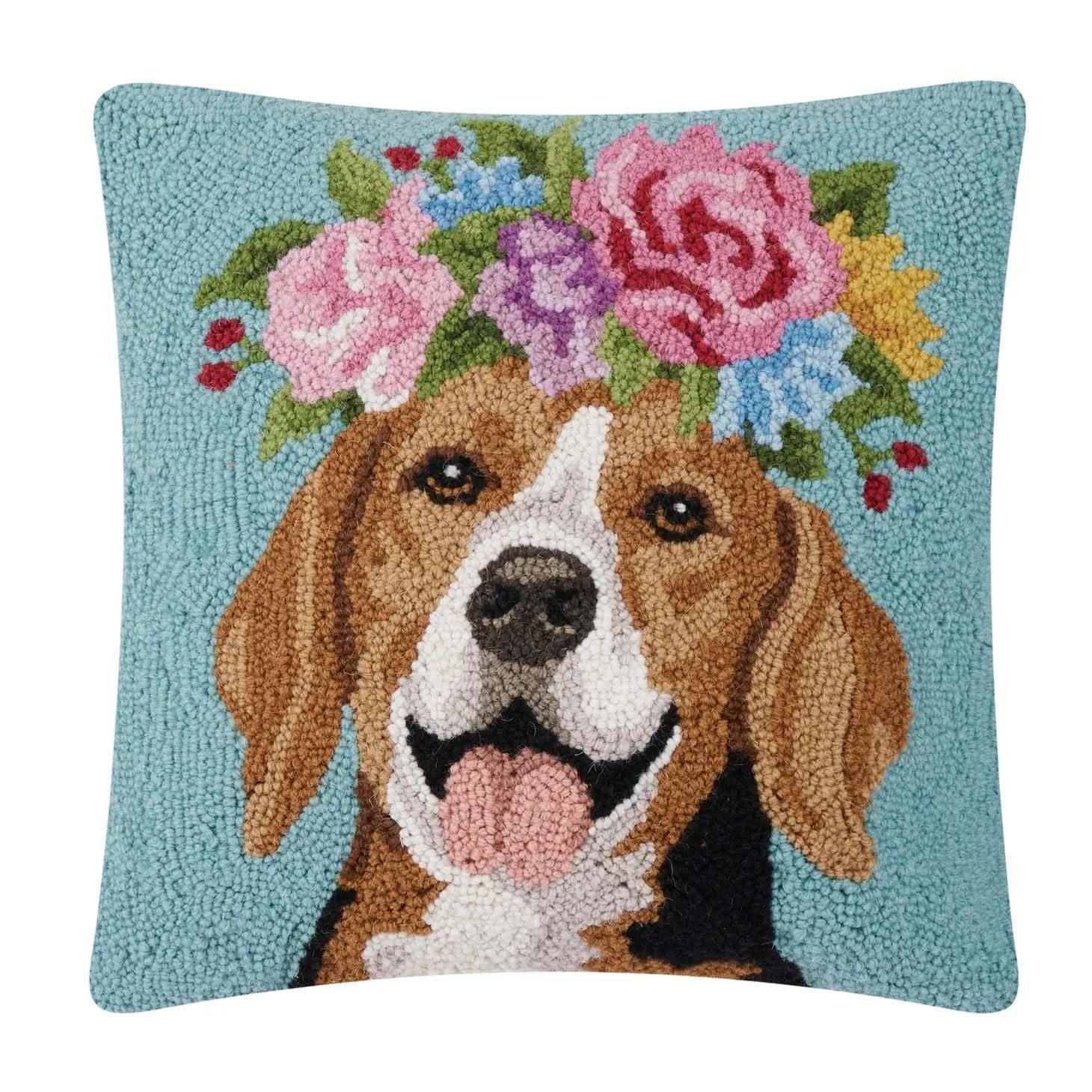 Floral Beagle Embroidered Square Throw Pillow, 18-inch, Polycotton