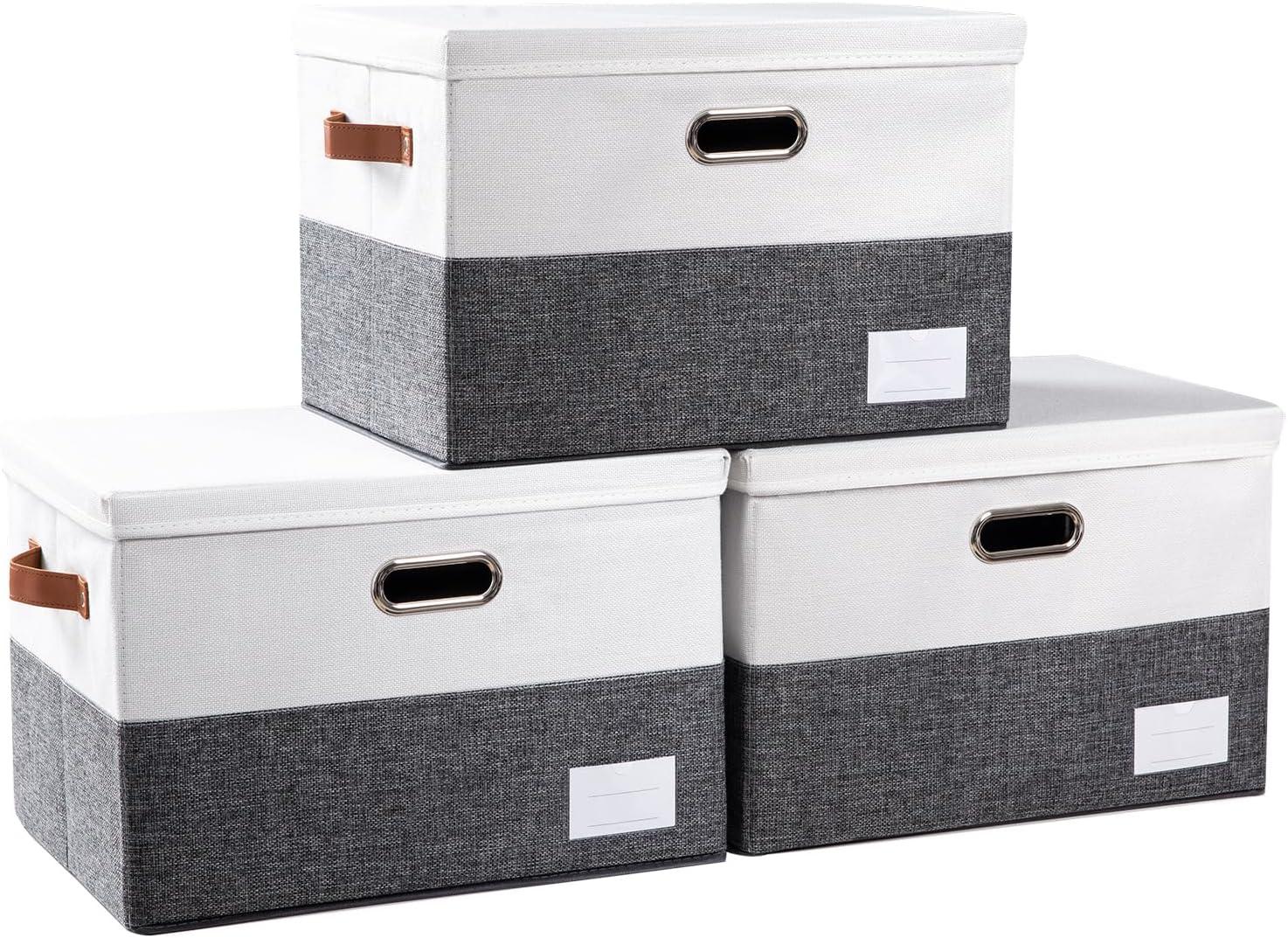 3 Pack Collapsible storage bins with lid. Foldable Storage bins for shelves, closet, office bedroom, or nursery. Containers made with linen fabric and stainless steel handles for organizing.