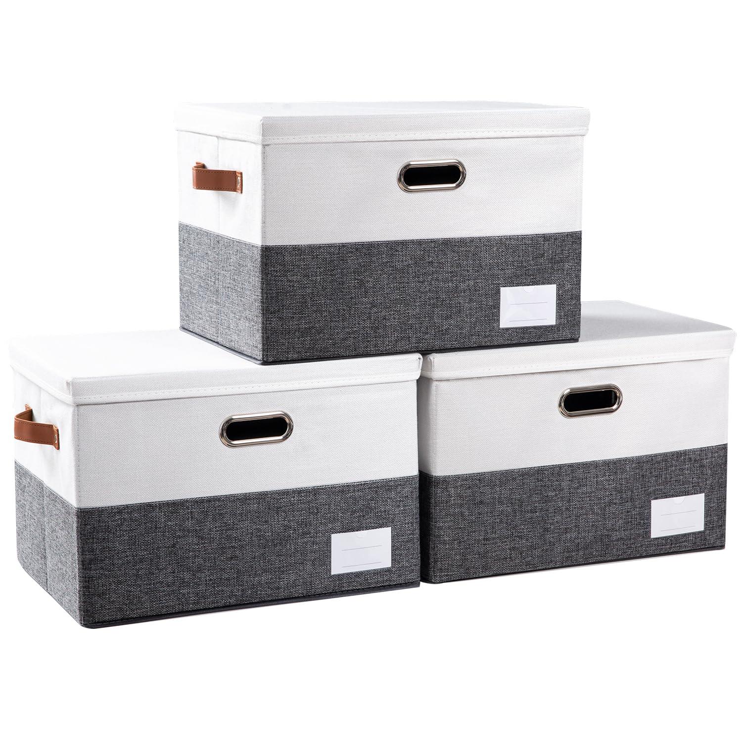 3 Pack Collapsible storage bins with lid. Foldable Storage bins for shelves, closet, office bedroom, or nursery. Containers made with linen fabric and stainless steel handles for organizing.
