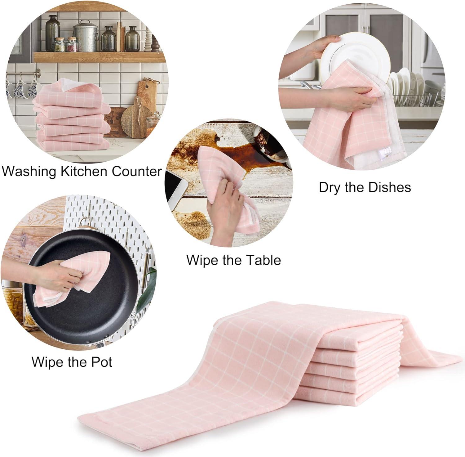 Soft Pink Plaid Cotton Terry Kitchen Towel Set