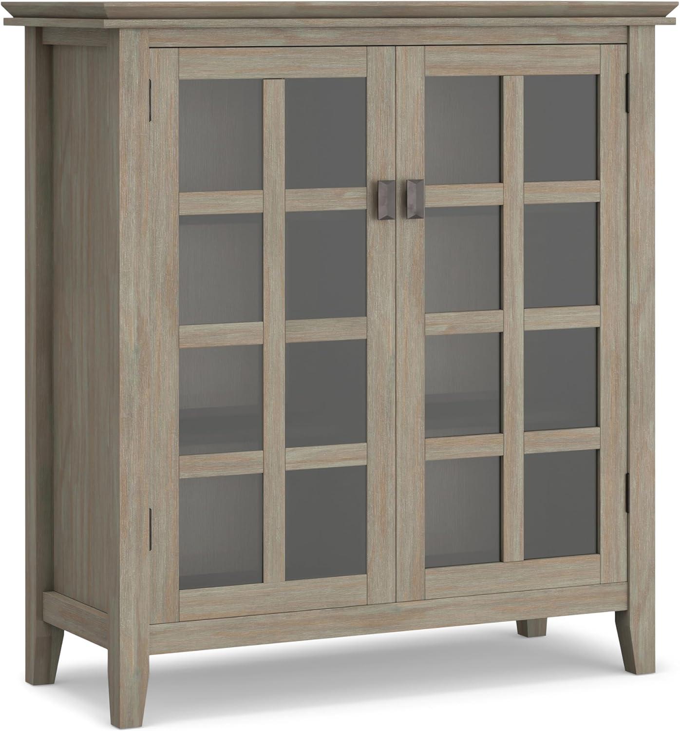 Simpli Home Artisan 38"W Solid Wood 4-Shelf Medium Storage Cabinet with Glass Doors and Adjustable Shelves