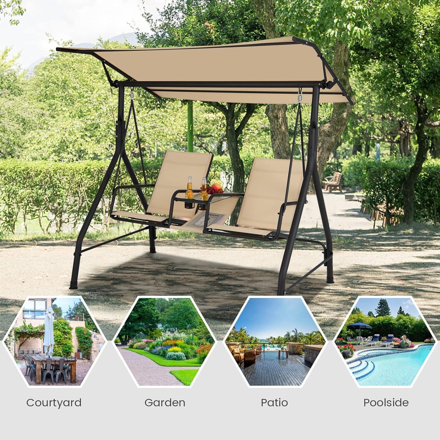 Gymax 2-Person Porch Swing Adjustable Canopy Swing Chair w/ Tempered Glass Table