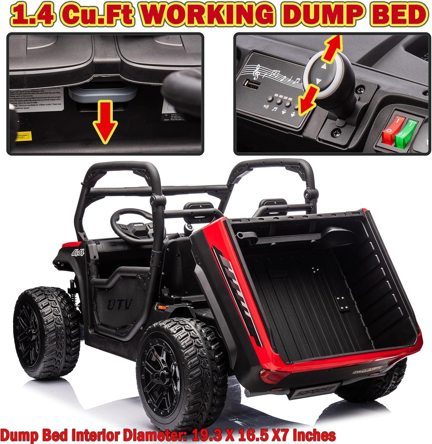 24V Kids Ride on Dump Truck with Remote Control, 2 Seater Powered 4-Wheel UTV Toys, 2x200W Ride on Tractor Car w/ Electric Dump Bed, Shovel, Bluetooth Music, Red