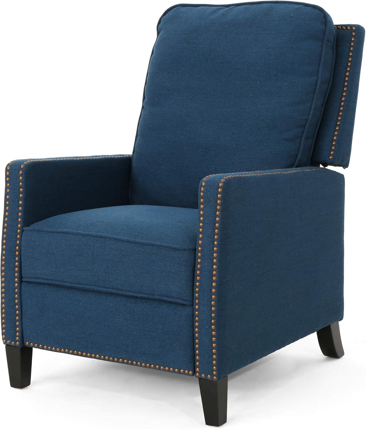 Handcrafted Navy Blue Wood Pushback Recliner with Nailhead Trim