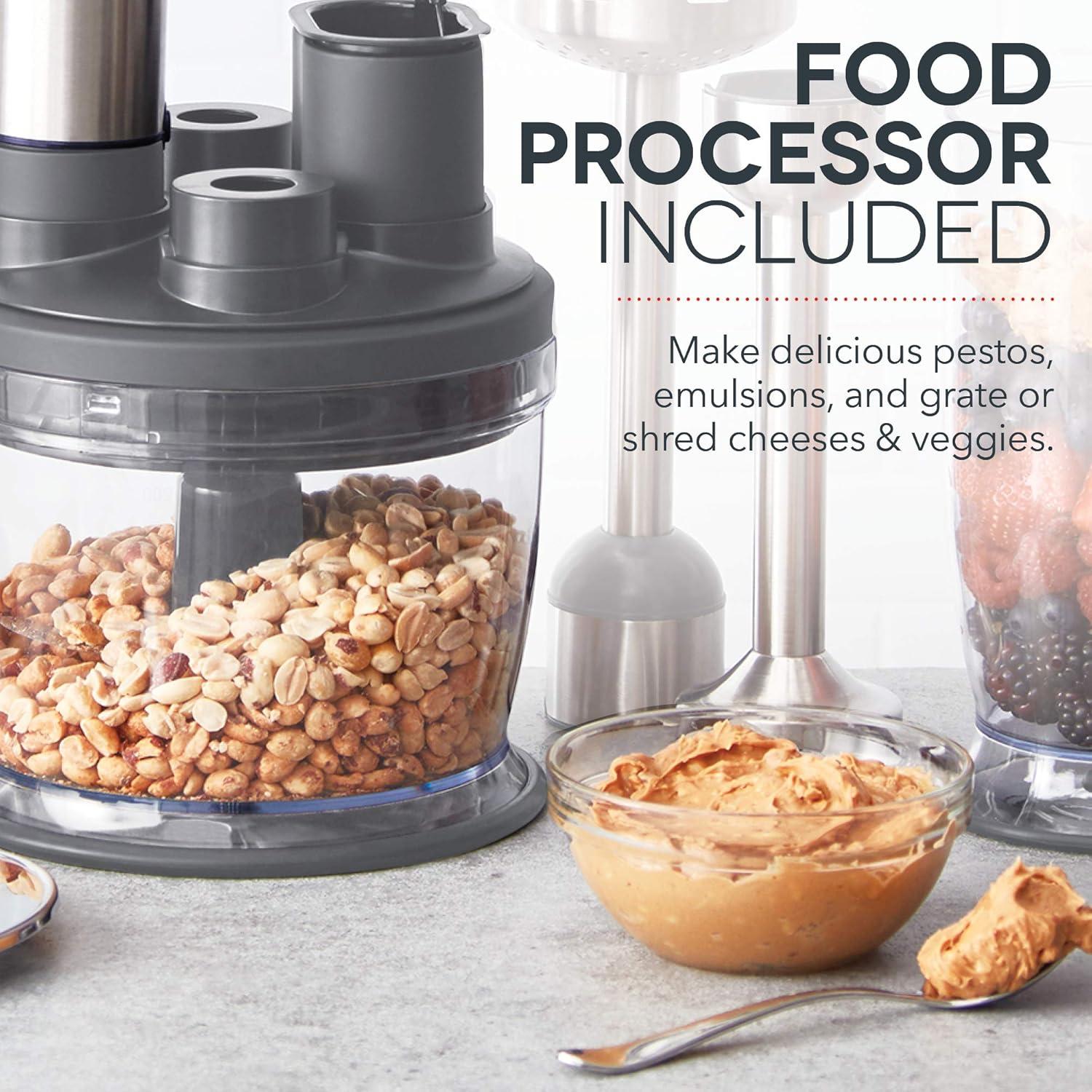 Dash Chef Series Deluxe Immersion Hand Blender, 5 Speed Stick Blender, Stainless Steel Blades, Dough Hooks, Food Processor, Grate, Mash, Slice, Whisk Attachments – Midnight - New