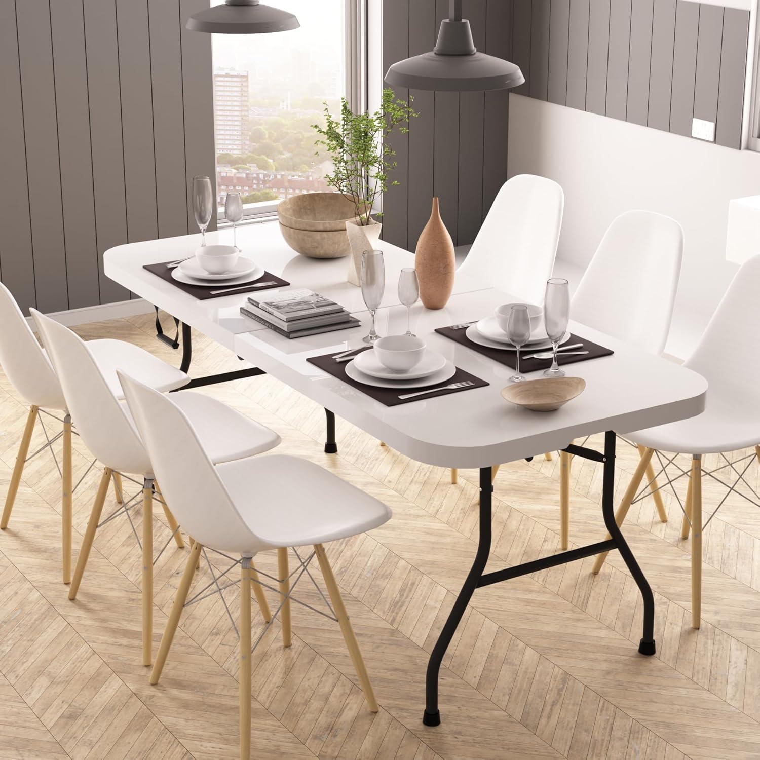 Folding Table 6 Foot,  Heavy-Duty, Portable Plastic Construction with Carrying Handle – Perfect for Picnics, Parties, and Office Indoor Outdoor Use, White