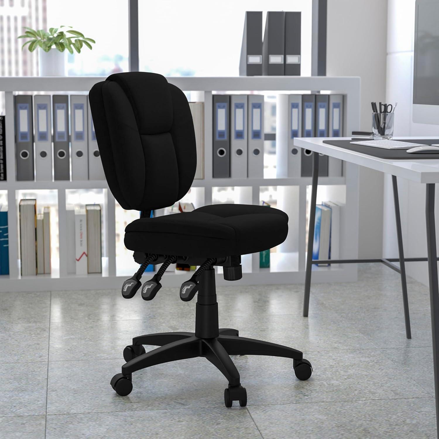 BizChair Mid-Back Black Fabric Multifunction Swivel Ergonomic Task Office Chair with Pillow Top Cushioning