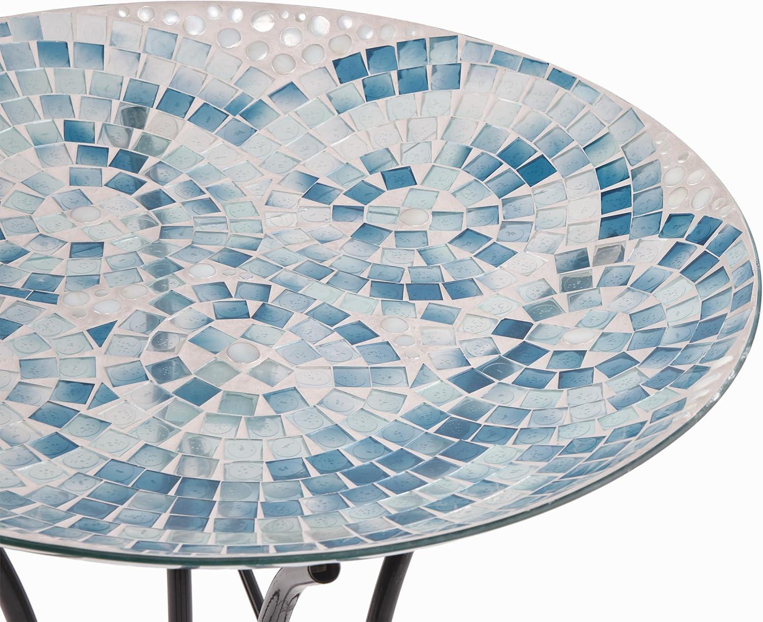 23" Outdoor Mosaic Glass Birdbath Bowl with Metal Stand Blue - Alpine Corporation: Weather-Resistant, Freestanding