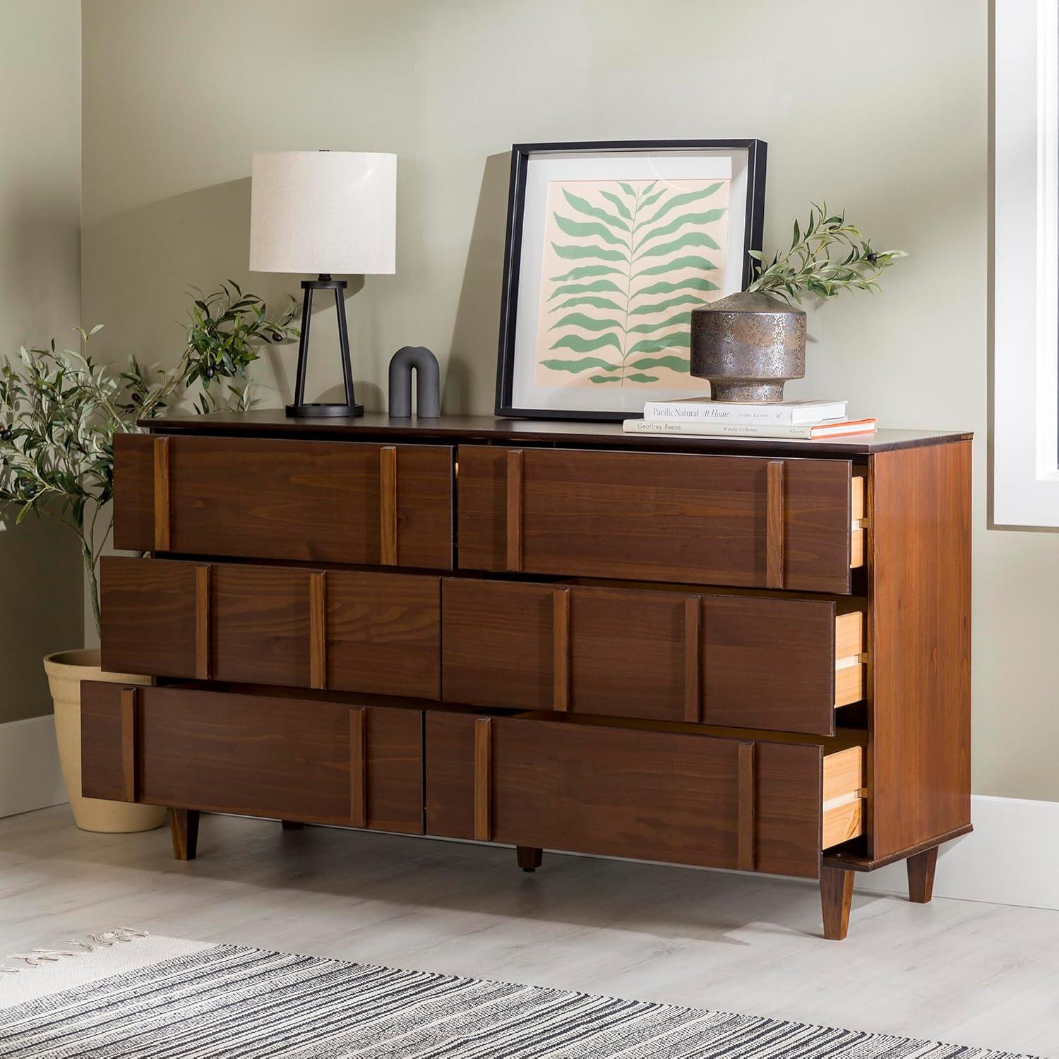 Saracina Home Modern Vertical Accent Solid Wood 6 Drawer Double Dresser Walnut