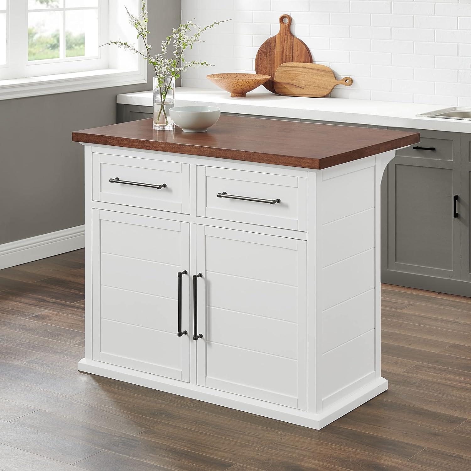 Crosley Bartlett Wood Top Kitchen Island White/Walnut: Traditional Style, Adjustable Shelves, Storage Cart