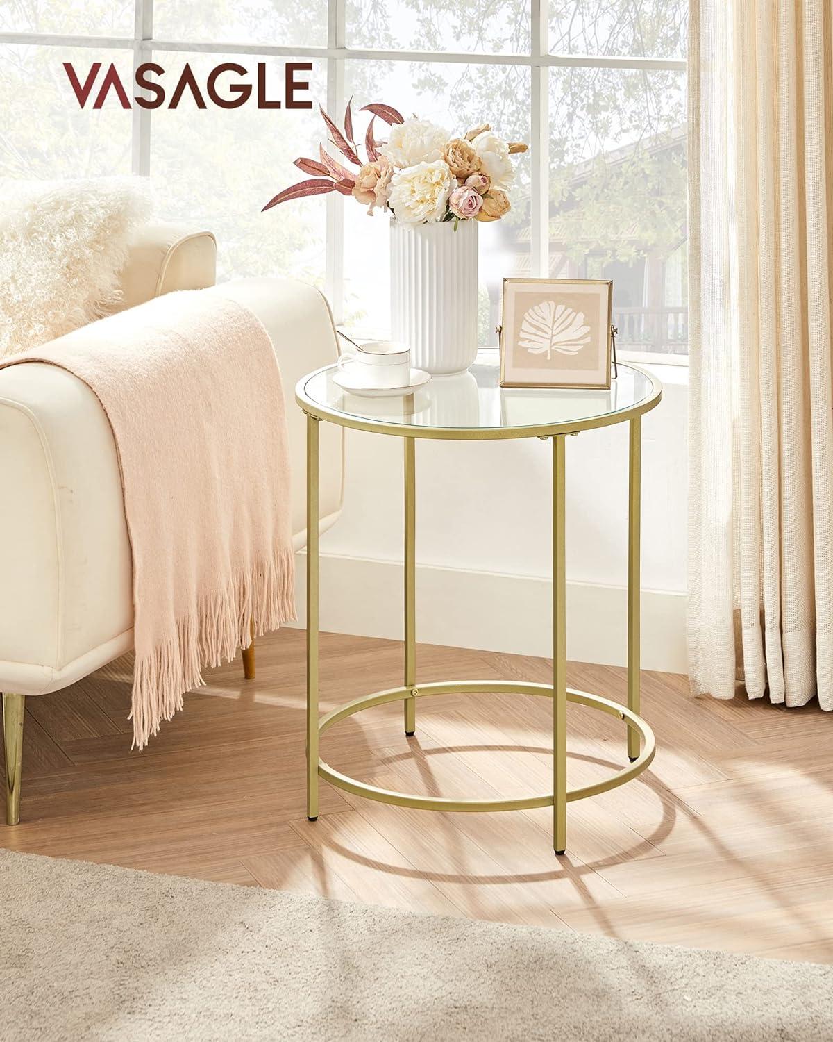 Gold Round Glass End Table with Metal Frame