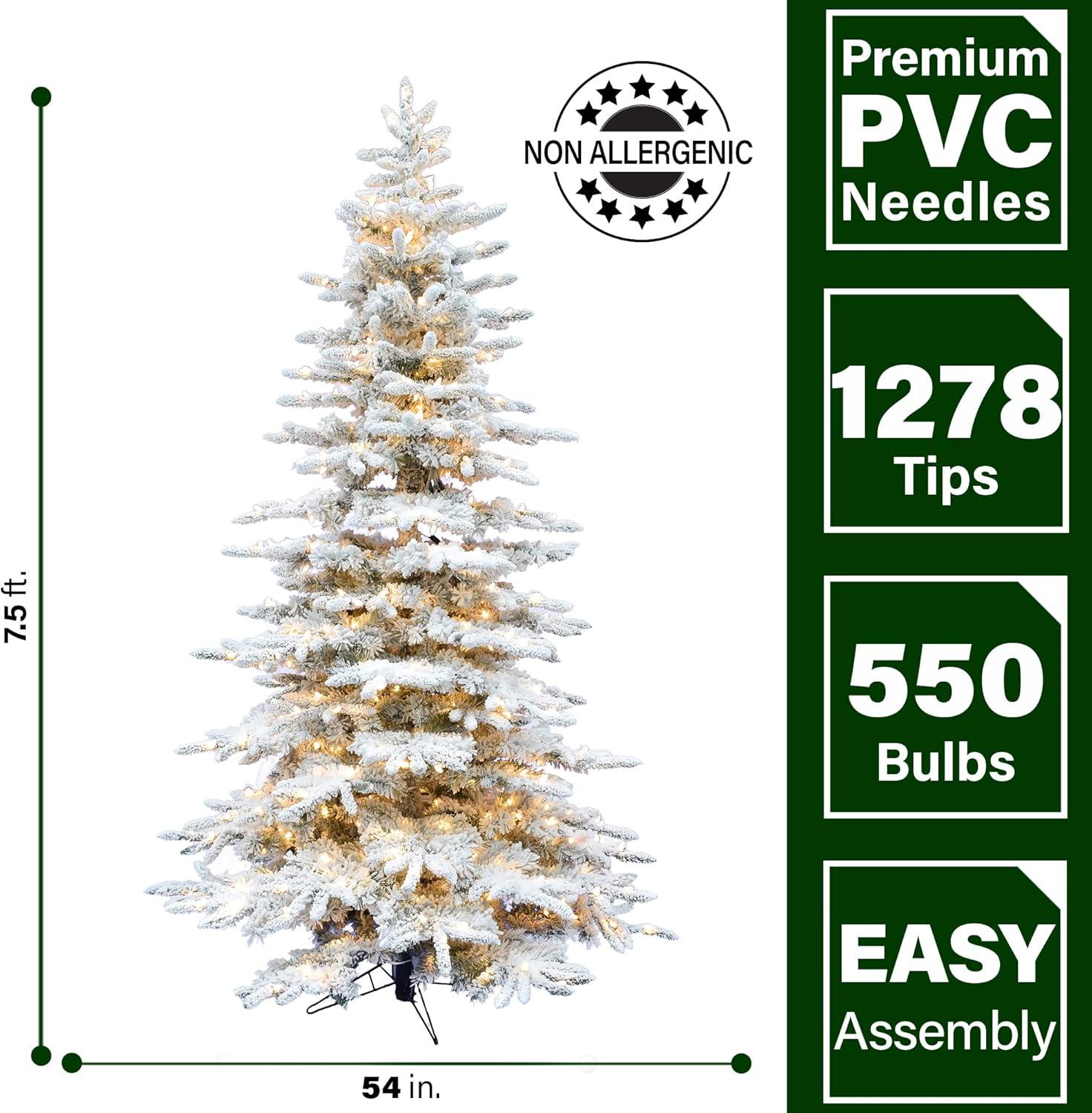 Fraser Hill Farm Flocked Mountain Pine Christmas Tree with Clear Incandescent Smart Lights