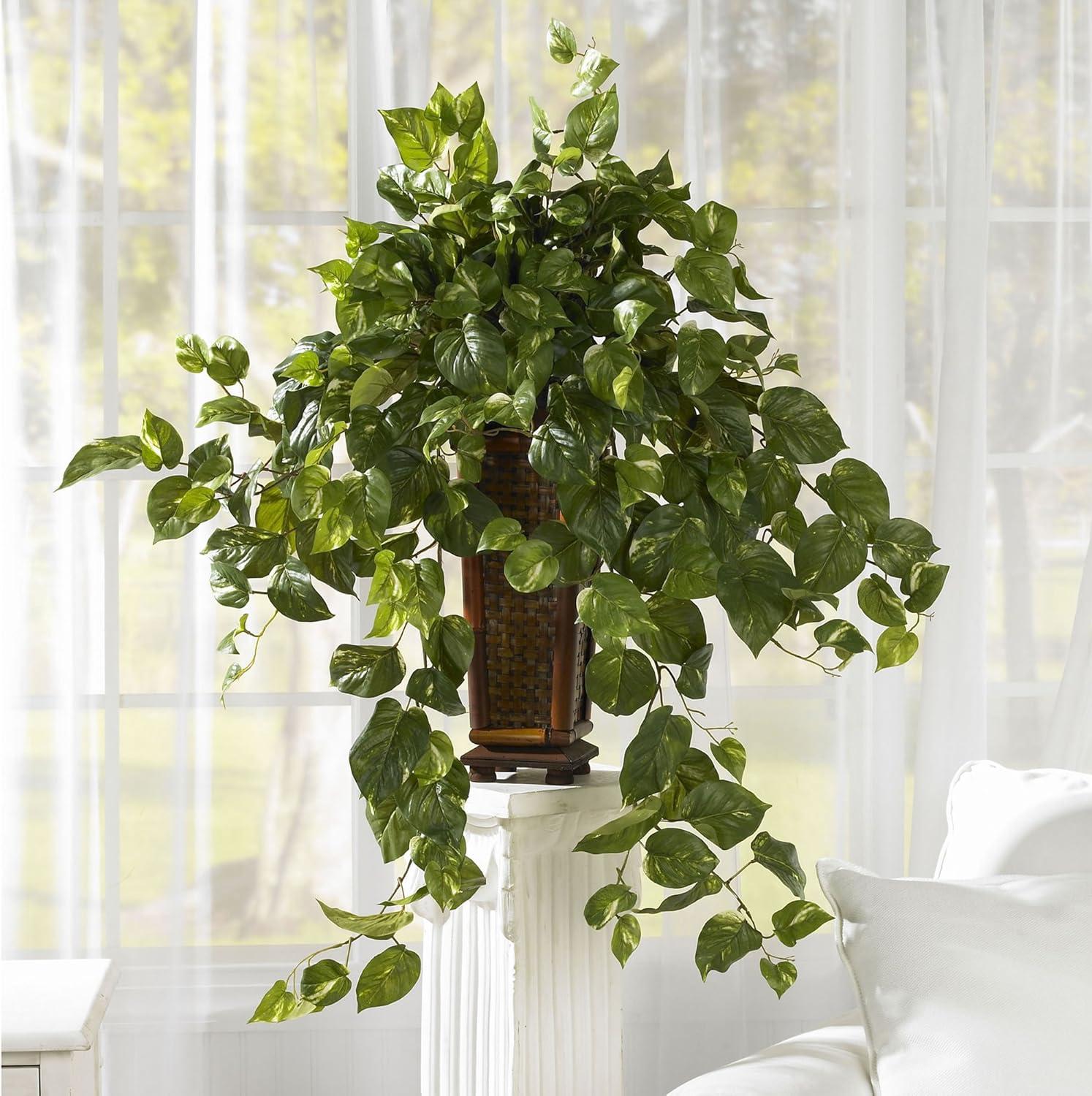 Green Silk Vining Pothos Floor Plant with Ornate Wooden Planter