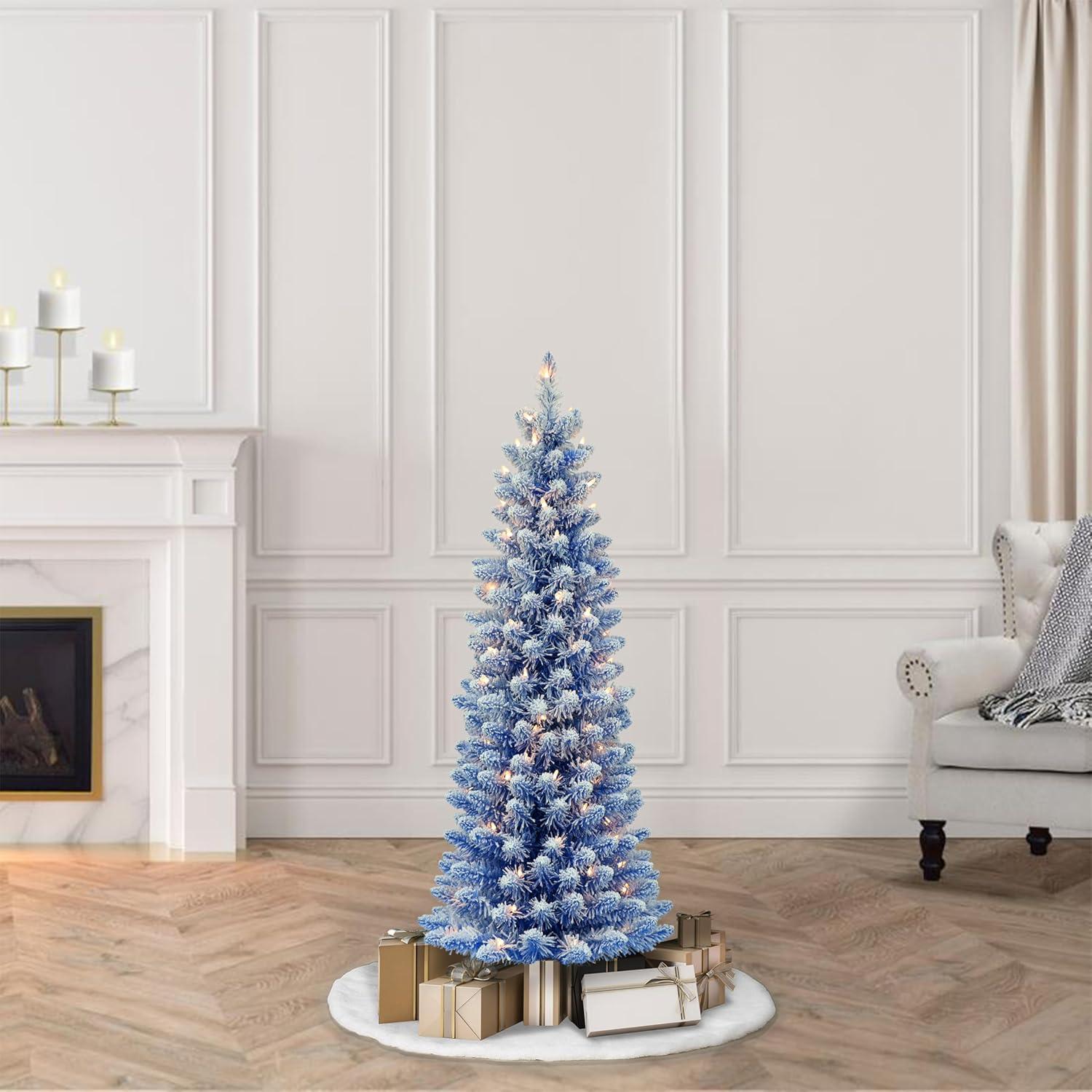 Pre-Lit 4.5' Flocked Fashion Blue Pencil Artificial Christmas Tree with 100 Lights, Blue