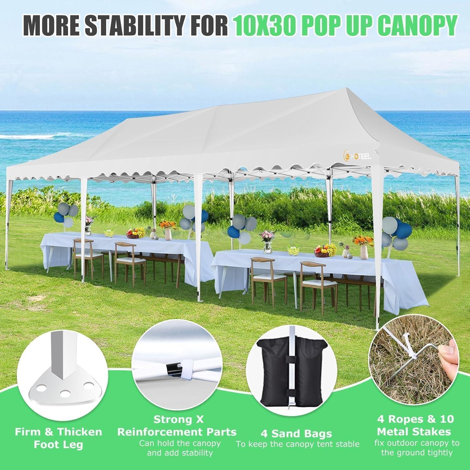 10'x30' EZ Outdoor Pop Up Canopy Tent, Waterproof and Sunproof Beach Canopy with 8 Removable Sidewalls, Heavy Duty Party Wedding Canopy, Height Adjustable Comes with 4 Sandbags, Rolling Bag (White)