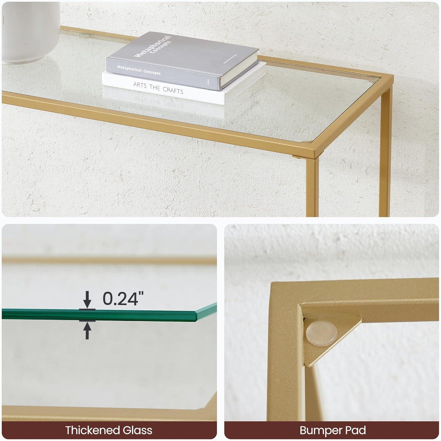 VASAGLE Console Sofa Table, Modern Entryway Table, Tempered Glass Table, Metal Frame 13.8 x 39.4 x 31.5 inches Gold
