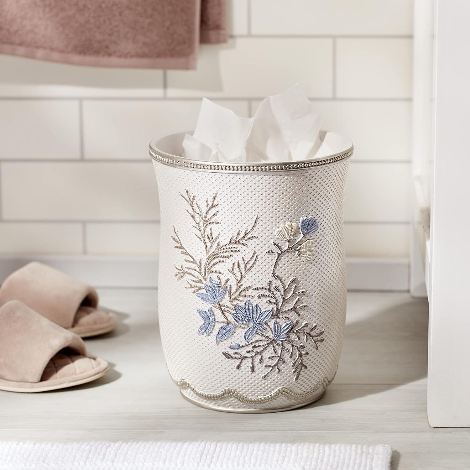 Beige Floral Embossed Resin Bathroom Waste Basket