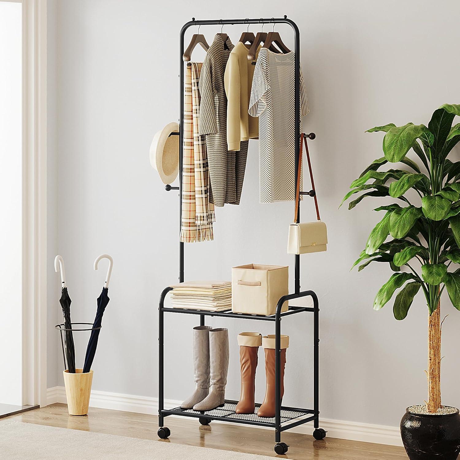 Black Metal Portable Garment Rack with Storage Shelves